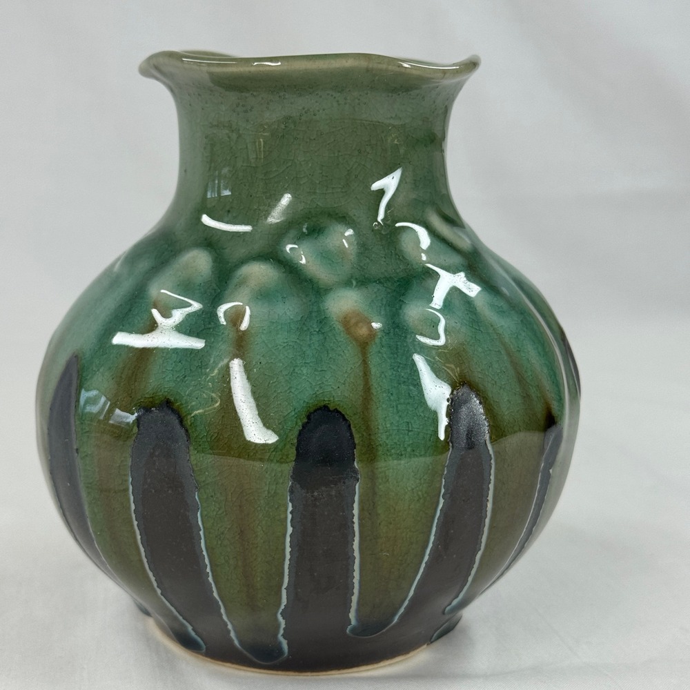 Vintage Studio Pottery Drip Glaze Vase‎ Green Brown Textured Scalloped Rim 5.5"